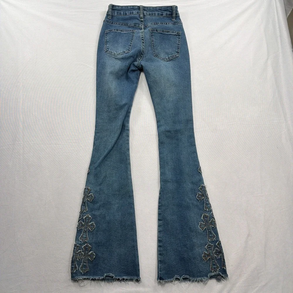 Bamboo Jeans Flare Pants Gothic Cross Appliqué Blue Denim Womens Size 00